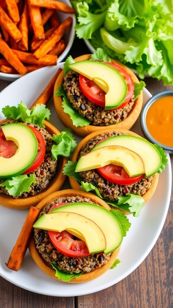 Quinoa and black bean burgers with fresh toppings on whole-grain buns served with sweet potato fries.